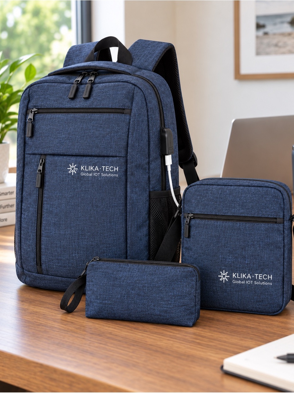 USB Charging Backpack Set 3 Pieces. Blue Travel Work Bag NWT